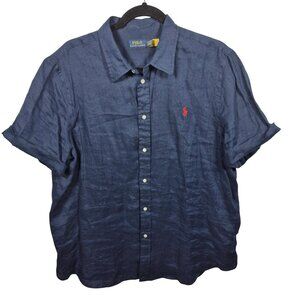 Polo Ralph Lauren Mens XL Blue 100% Linen Button Down Shirt Short Sleeve Summer